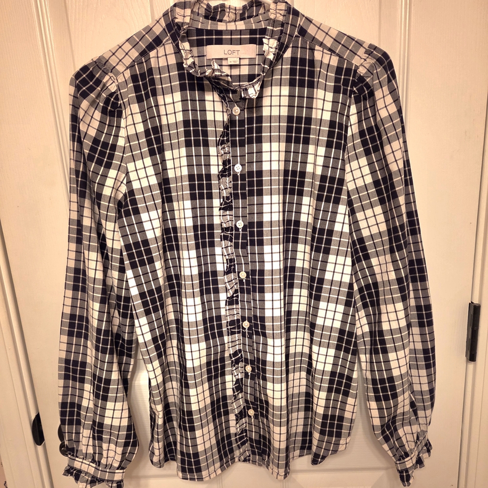 LOFT Black & White Plaid Ruffle Button-Up Blouse
